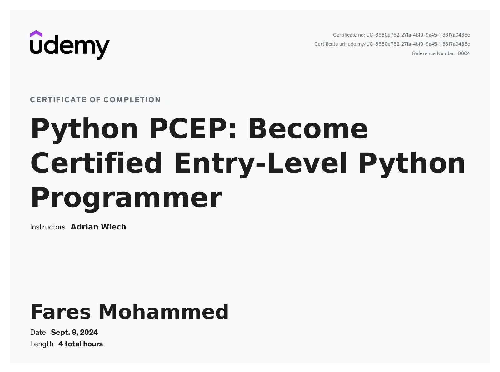 Udemy Certificate for attending PCEP course